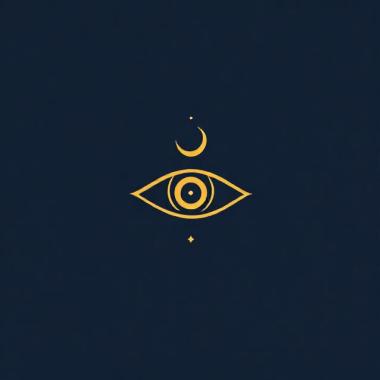 Minimalist esoteric logo in gold line art: an eye with a crescent moon and small stars, centered on a deep indigo gradient background, mystical spiritual branding, clean vector look, high contrast, square 1:1
